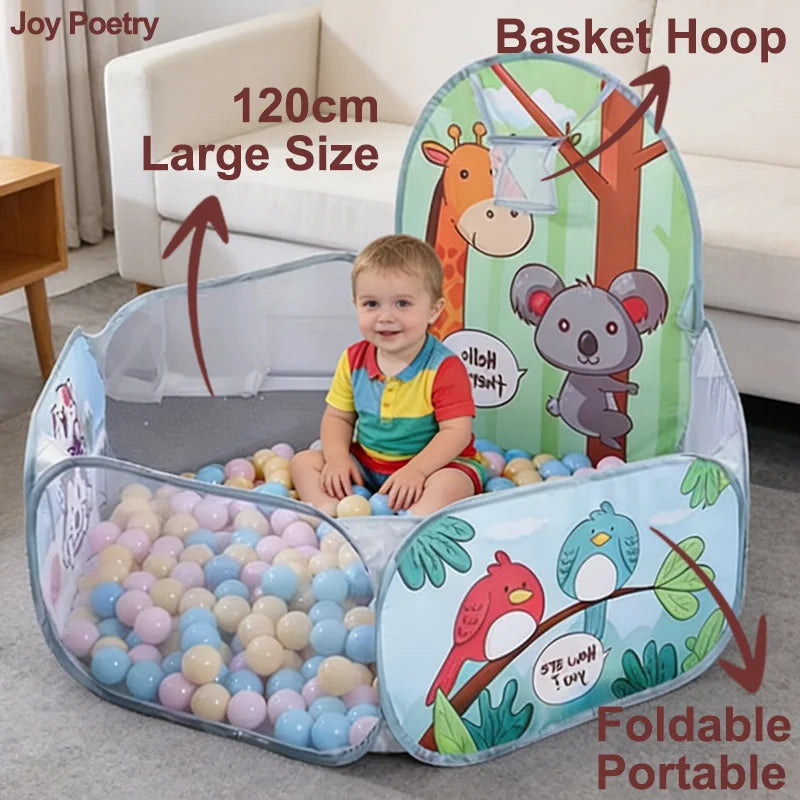 120cm Kids Cartoon Ball Pit Playpen with Basketball Hoop - Portable Foldable Baby Playground Tent for Indoor and Outdoor Play