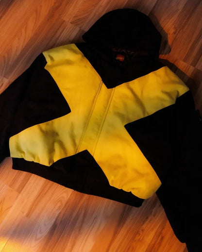 2026 Black & Yellow Cross Jacket - American High Street Loose Fit Stand Collar Zipper Cardigan Jacket