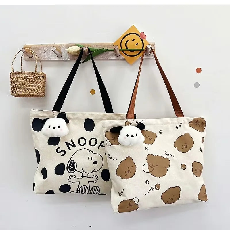 MINISO Snoopy Canvas Bag — Women’s Large Capacity Cartoon Handbag, Multi-Purpose Shoulder Tote with Hanging Accessory