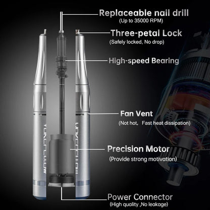 YOKEFELLOW Professional Nail Drill Kit – 35000RPM Rechargeable Electric Nail File for Manicure, Acrylic & Gel Nails