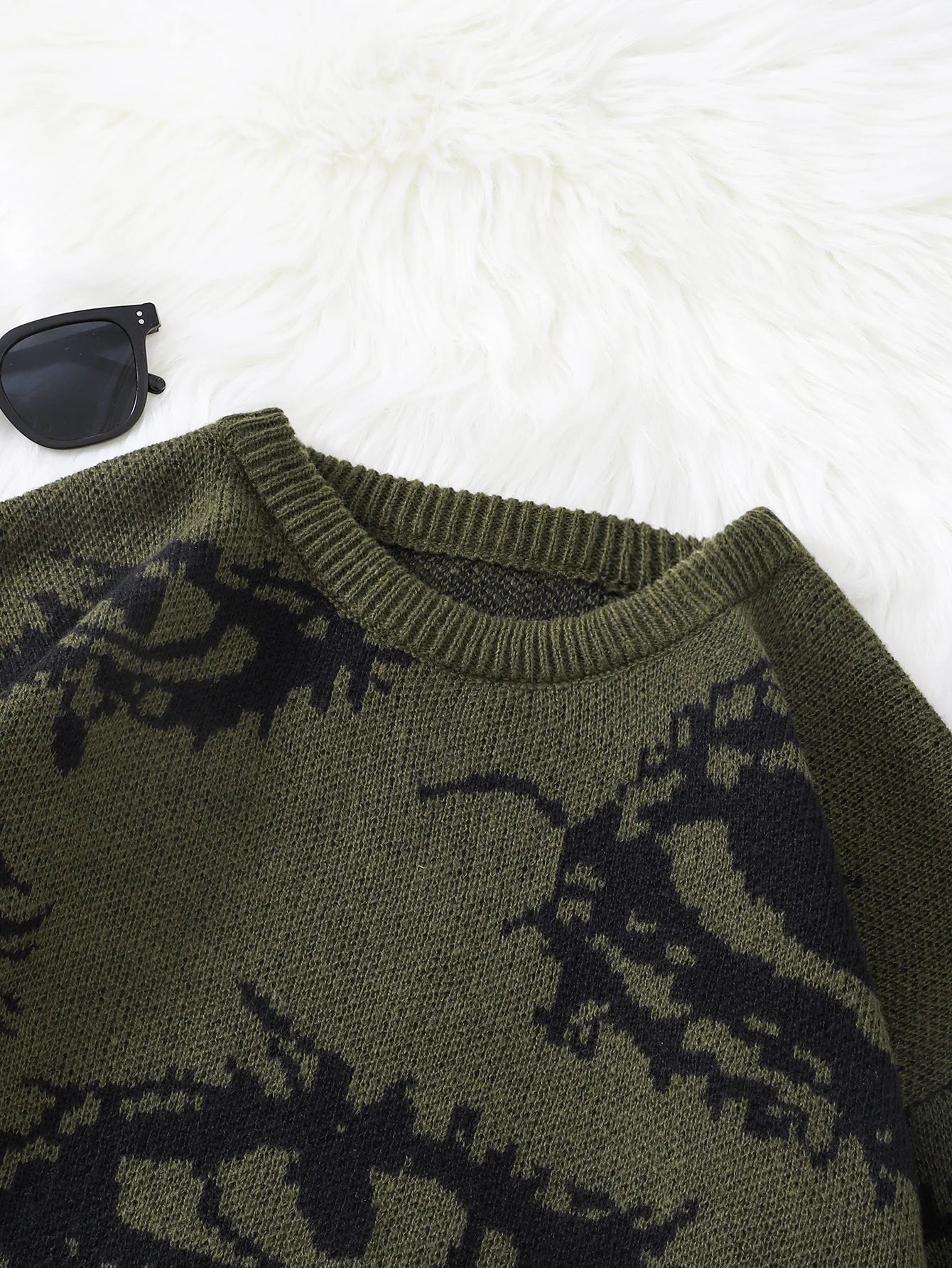 Men's Abstract Eye Jacquard Sweater - Round Neck Knitted Autumn Winter Casual Pullover Top
