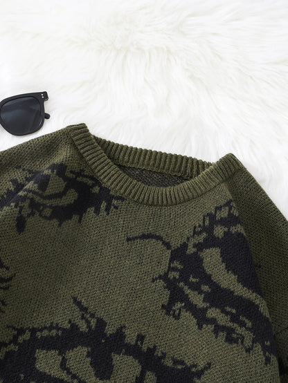 Men's Abstract Eye Jacquard Sweater - Round Neck Knitted Autumn Winter Casual Pullover Top