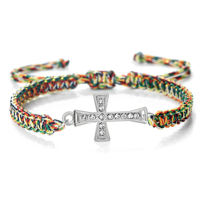 Crystal Cross Pendant Bracelet - Red & Black Braided Prayer Rope Jewelry Gift for Men & Women