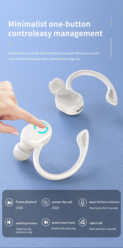 VAORLO Bluetooth 5.2 Ear-Hook Headphones – Mini HIFI Bass Wireless Earphones with Mic for Sports & Gaming