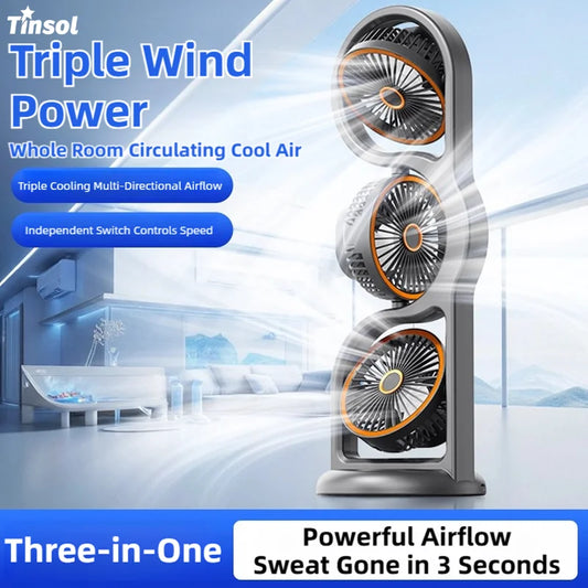 Portable USB Rechargeable Three Head Fan - 360° Air Circulation 5 Speed Desktop Cooling Fan for Dorm, Office & Outdoor Use