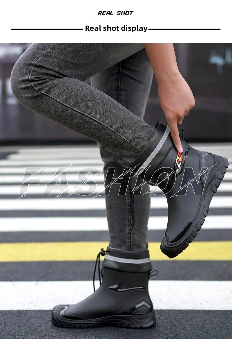 Men’s Ankle-High Fleece-Lined Rain Boots – Waterproof, Anti-Slip, Wear-Resistant Work & Fishing Shoes