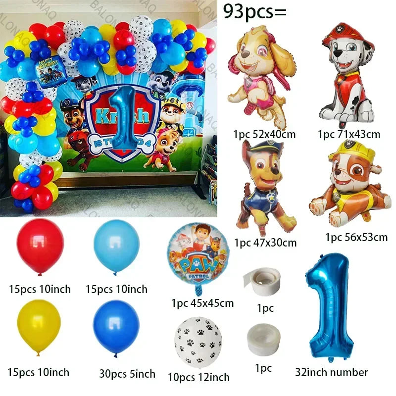 93Pcs Paw Patrol Dog Theme Birthday Party Decoration Set – Balloons, Bone & Aluminum Foil Decor Kit for Kids Party Supplies