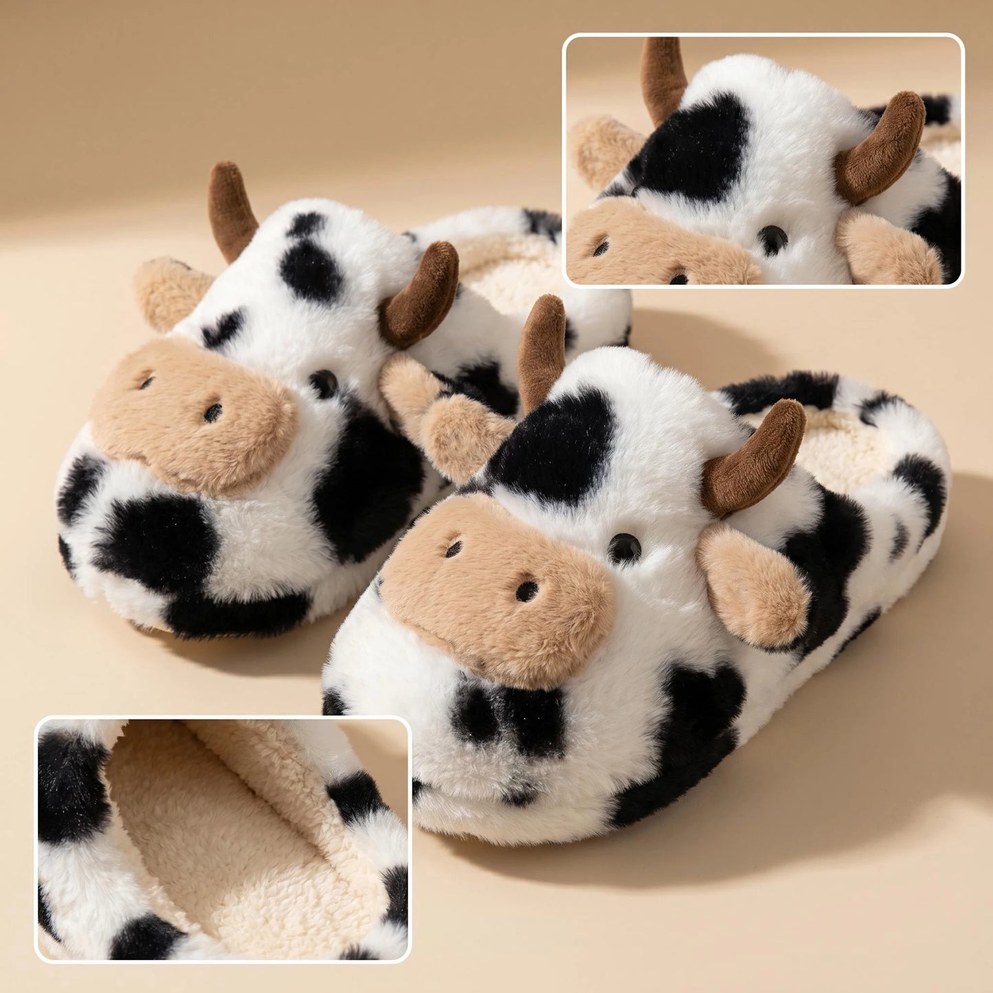 3D Cow Plush Slippers - Cute Fluffy Warm Non-Slip Indoor Home Shoes for Women