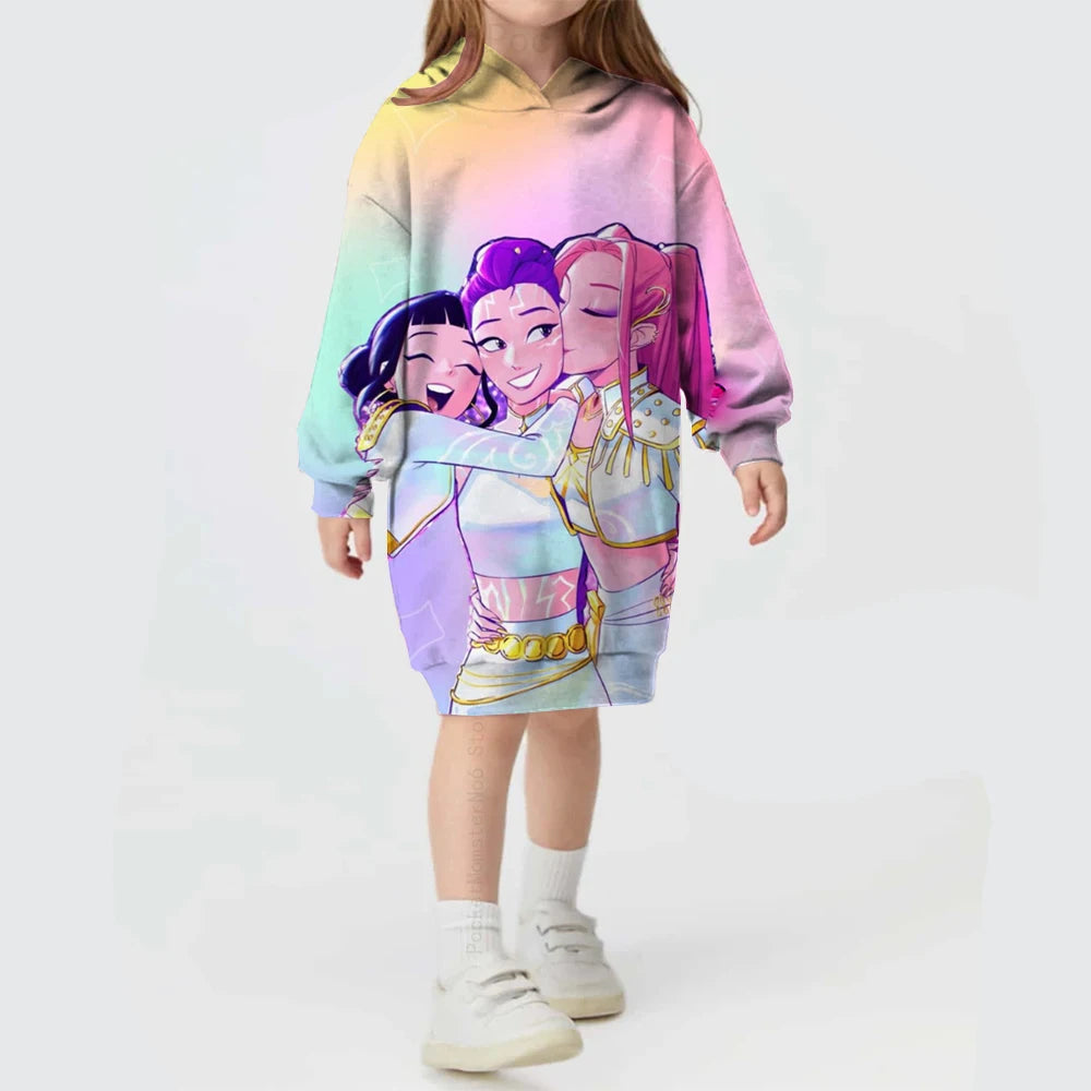 KPop Demon Hunters Hoodie Dress — Rumi Cute Cartoon Sweatshirt Pullover for Girls, Long Sleeve Autumn Y2K Sportswear