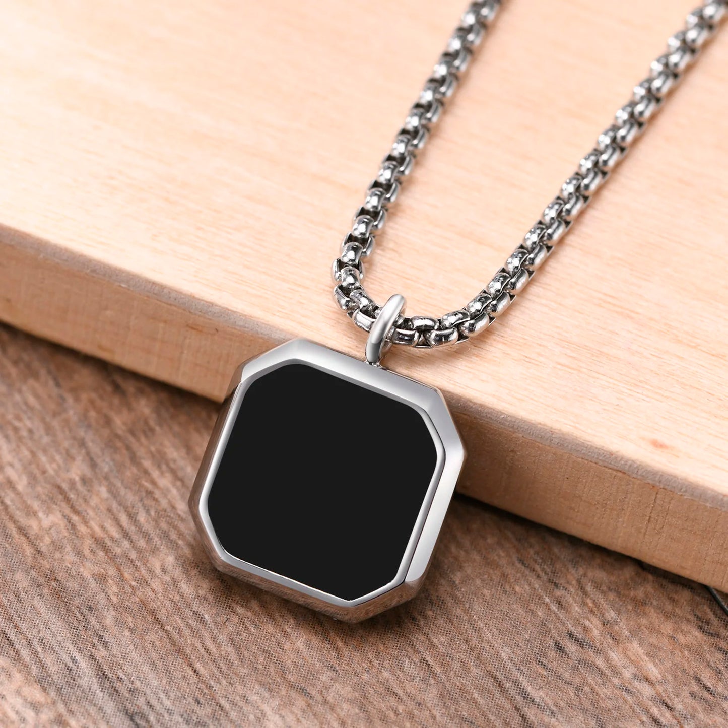 Vnox Stylish Men's Square Natural Stone Necklace - Stainless Steel Geometric Polygon Pendant, Casual Punk Jewelry Gift
