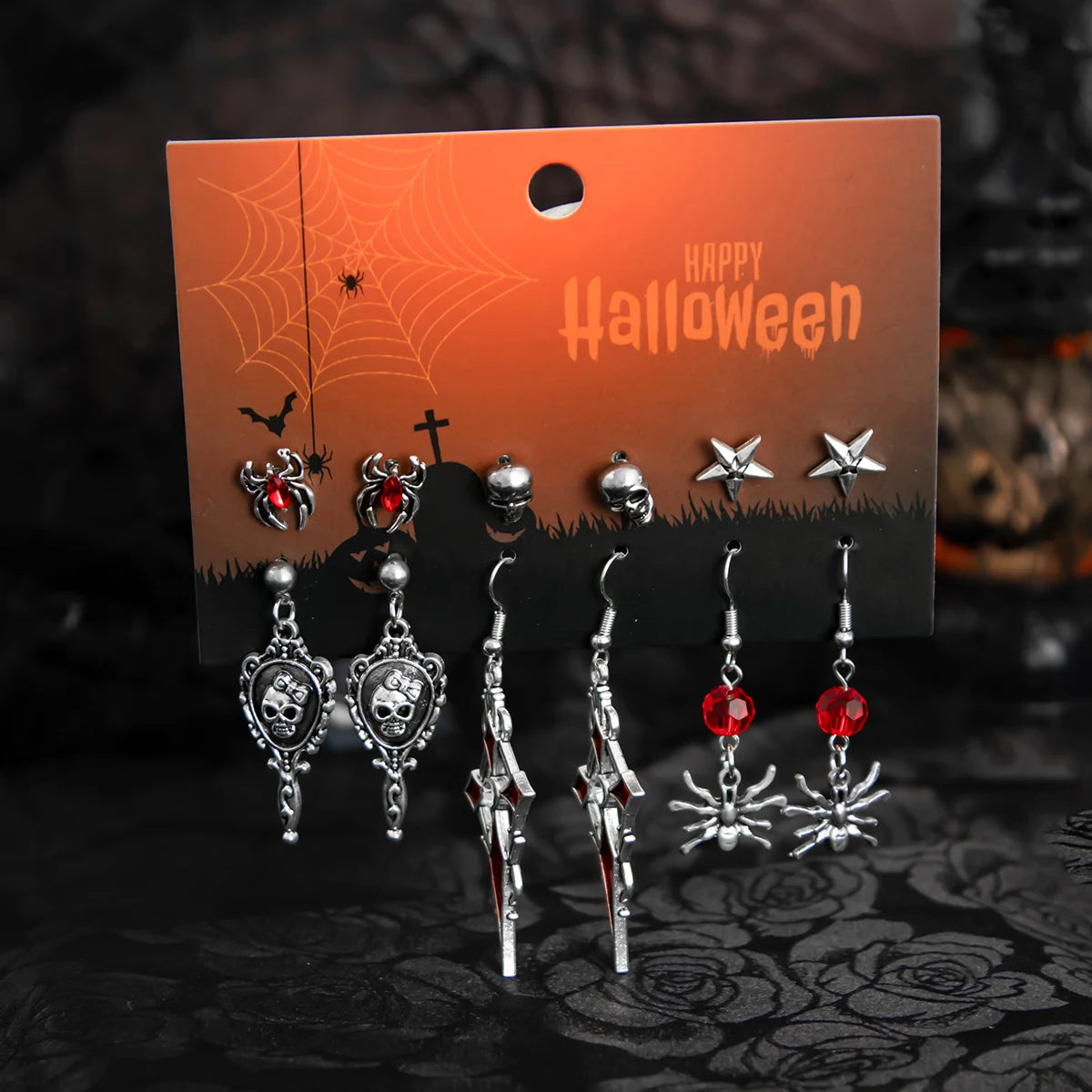 Halloween Crystal Skull Spider Drop Earrings - Gothic Red Crystal Cross and Rose Metal Earrings for Women