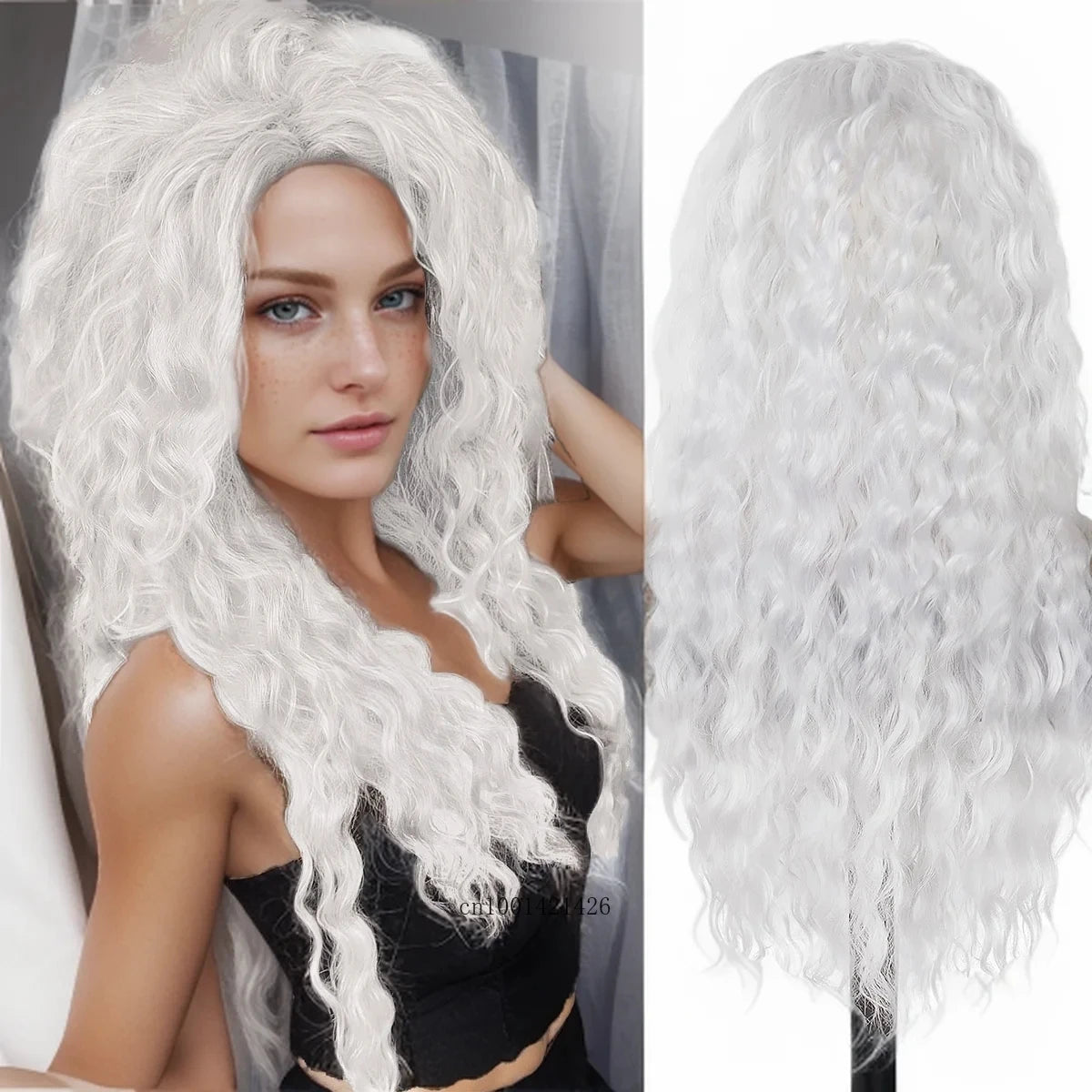 Ash Blonde Synthetic Wig – 26" Long Curly Ombre Hair, Fluffy Wave Wig for Women, Costume & Party Wig
