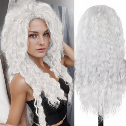 Ash Blonde Synthetic Wig – 26" Long Curly Ombre Hair, Fluffy Wave Wig for Women, Costume & Party Wig