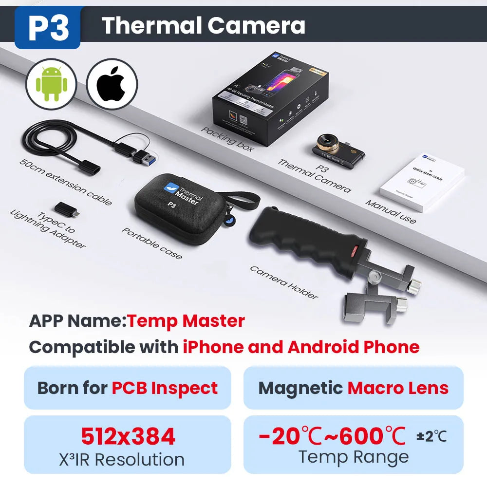 P3 Thermal Camera - 512×384 X³IR Macro Thermal Imager for iPhone & Android PCB Repair up to 600°C
