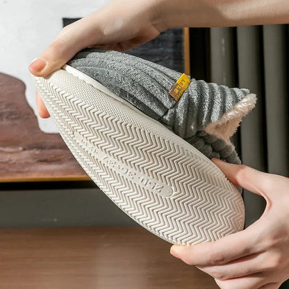 Winter Couple Striped Plush Slippers – Soft Non-Slip Warm Cotton Home Shoes for Men & Women