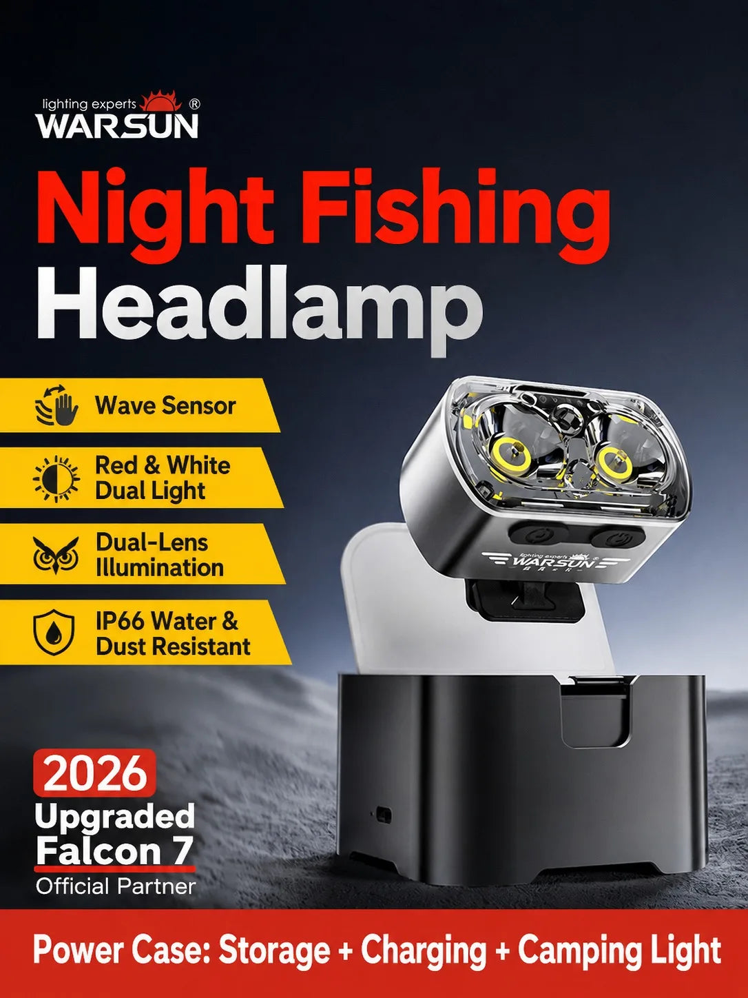 WARSUN Falcon 7 Rechargeable Fishing Headlamp - Bright Hands-Free Hat Clip Light for Night Fishing & Camping