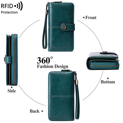 RFID Anti-Theft Retro Large Capacity Women's Wallet – Multi-Card Zipper Wallet with Wrist Strap