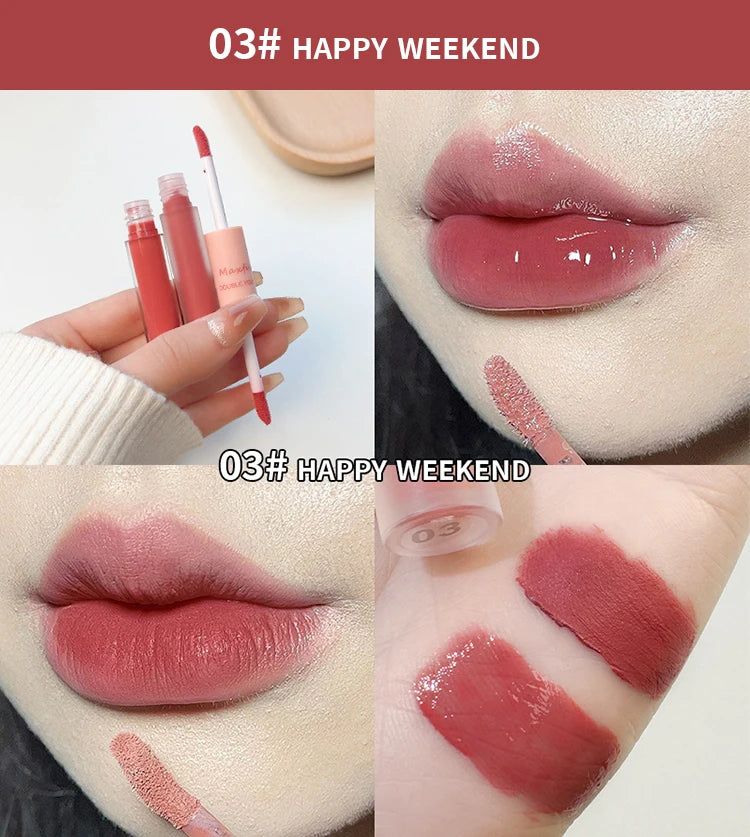 Double-End Lip Glaze – Glossy Mirror & Matte Velvet, Long-Lasting Color & Moisture, Anti-Stain Lip Gloss Cosmetic
