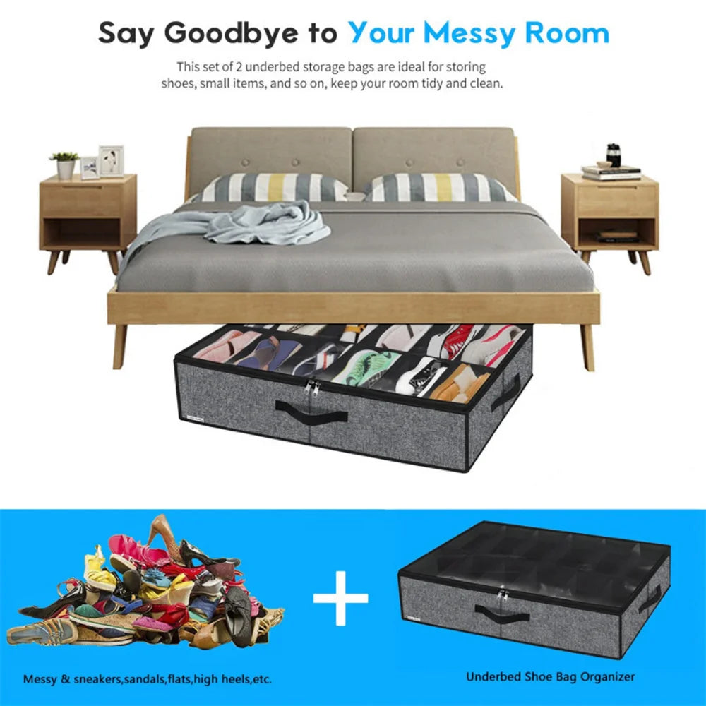 Under-Bed Shoe Storage Organizer Box — Collapsible Closet Container for 12 Pairs with Reinforced Handles