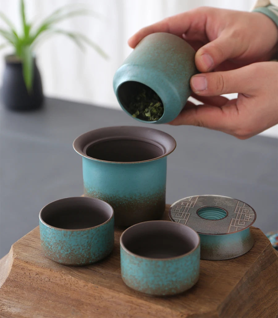 Kiln-Change Vintage Spring Green Pottery Tea Set – 1 Pot & 4 Cups, Simple Small Set for Outdoor or Tea Room