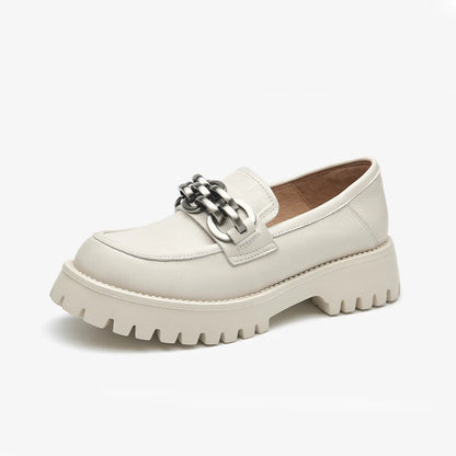 BeauToday Women’s Chunky Loafers – Genuine Leather Platform Slip-On Flats with Round Toe and Metal Chain, Handmade 27748