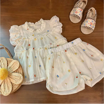 Children's Floral Embroidery Lace Set - Sleeveless Top & Shorts, 2-Piece Toddler Girl Clothes for 2-7 Years