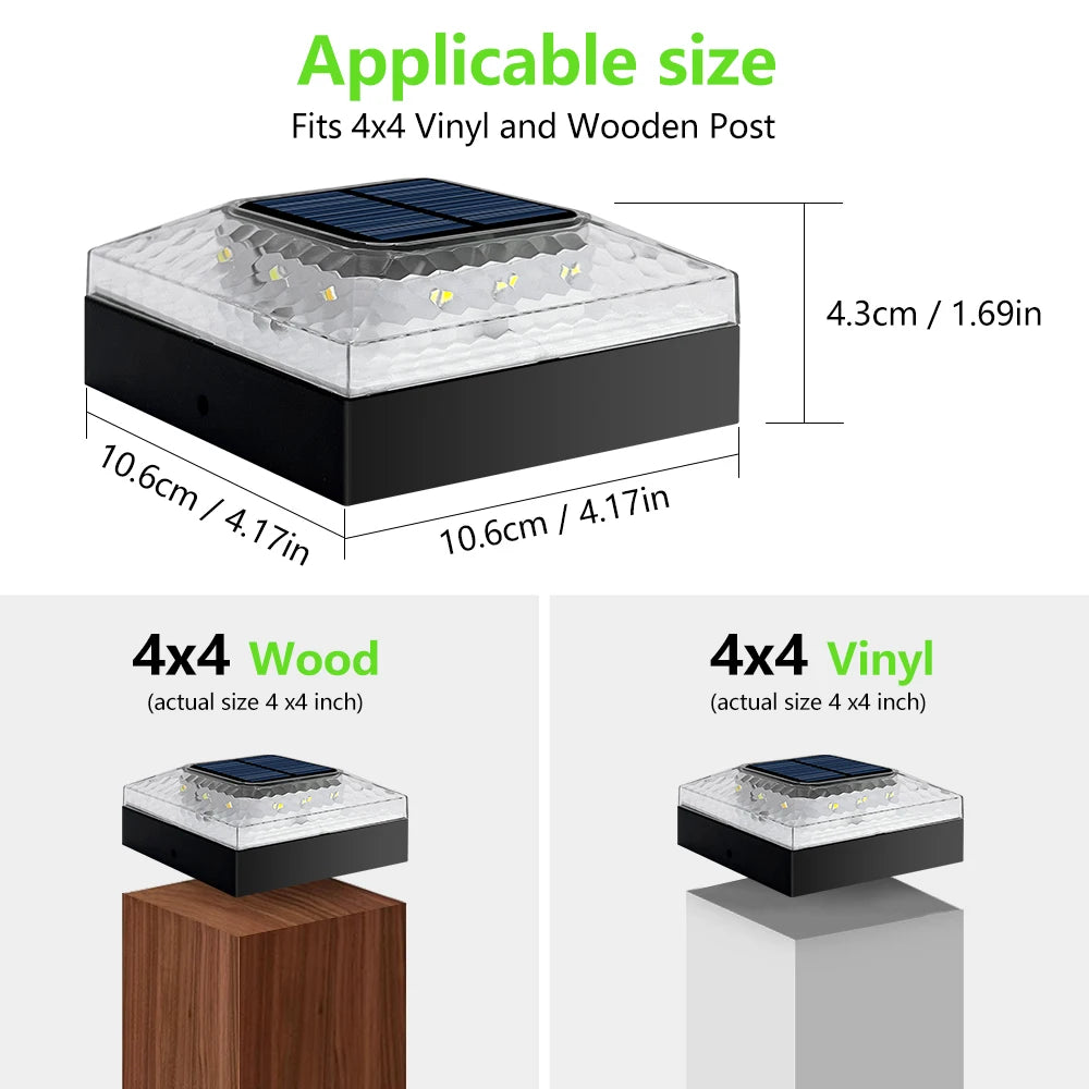 1/4PCS Solar Post Cap Lights - IP65 Waterproof Fence Topper LED Lights with 3 Color Modes for 4x4 Vinyl & Wood Posts
