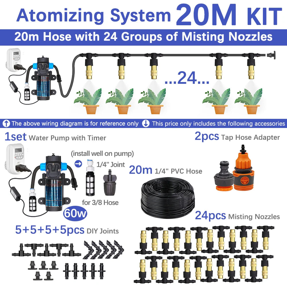 60W Self-Priming Misting Pump Kit 30–10m Cooling System with Adjustable Nozzle Atomizer for Garden Irrigation & Watering System
