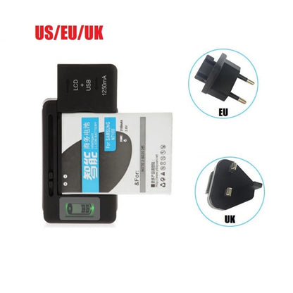 Universal Car Mobile Battery Charger - EU/US Plug with LCD Indicator Screen & USB Port for Phone Battery Charging