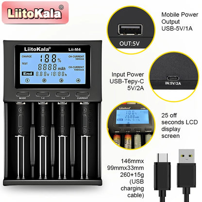LiitoKala Lii-M4/Lii-M4S Battery Charger – 5V Plug (EU/AU/UK/US) for 3.7V Li-Ion & 1.2V AA/AAA/C Batteries (18650, 26650, 21700, 14500, 18350, 17500)