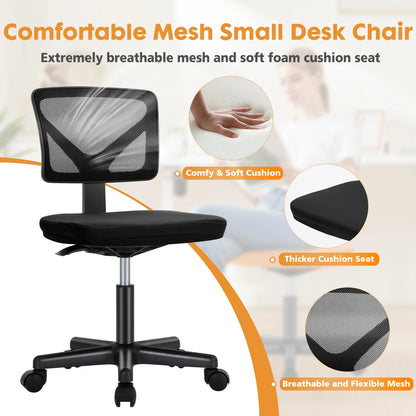 Mesh Armless Office Chair – Low Back with Lumbar Support, Adjustable Height, 360° Swivel & Wheels