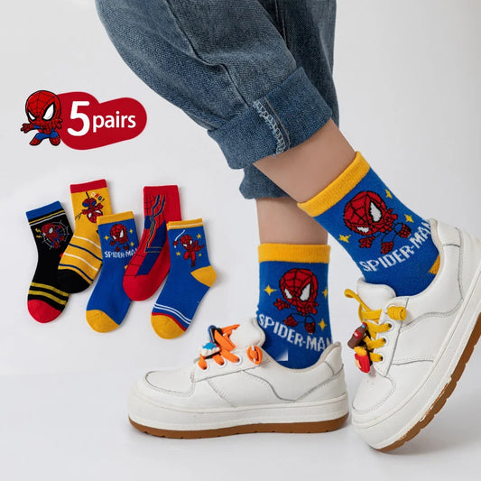 5 Pairs Children’s Spider-Man Socks – Cute Cartoon Cotton Medium Tube Socks for Boys & Girls (Ages 1-12)