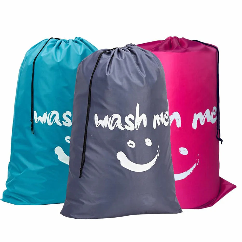Smile-Shaped Nylon Laundry Bag - Machine Washable Travel Storage Pouch for Dirty Clothes, Wash Me Organizer Drawstring Bag