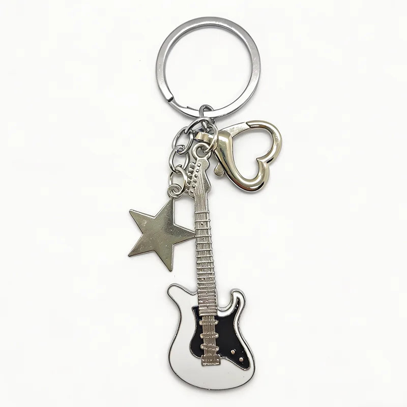 Electric Guitar Couple Keychain Set - Black & White Star Heart Charms for Music Lovers, Bags & Car Keys