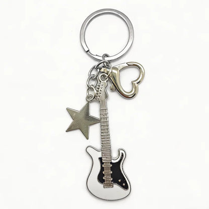 Electric Guitar Couple Keychain Set - Black & White Star Heart Charms for Music Lovers, Bags & Car Keys