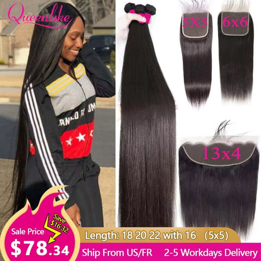 Queenlike Straight Human Hair Bundles With Lace Closure - Brazilian Weave 30 40 Inch 5x5 6x6 13x4 Frontal Hair Extensions