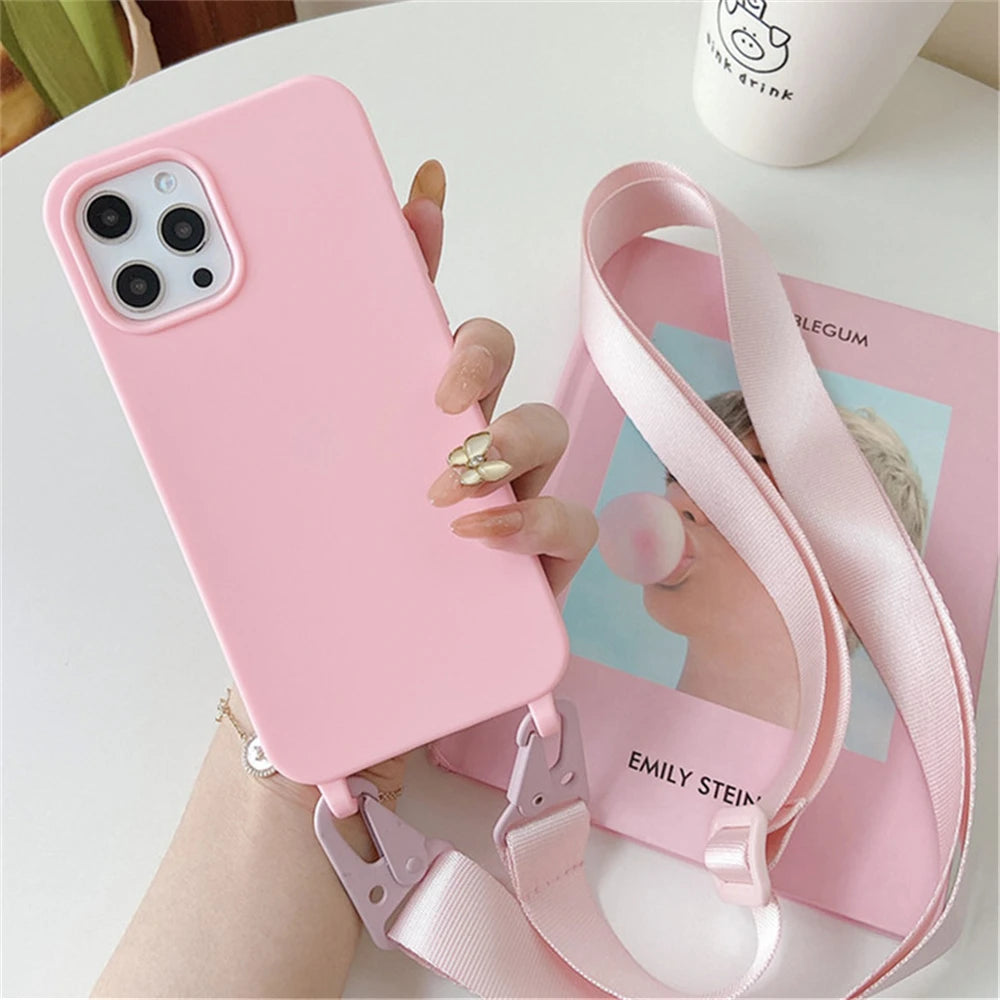 Crossbody Necklace Strap Silicone Case - Matte Shockproof Phone Cover for iPhone 17, 16, 15, 14 Pro Max & More