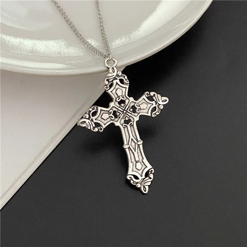 Punk Gothic Big Cross Pendant Necklace – Irregular Clavicle Chain Aesthetic Jewelry for Women & Men