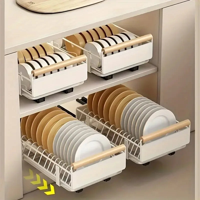 Space-Saving Kitchen Drawer Organizer - Pull-Out Rack for Plates, Bowls & Spices