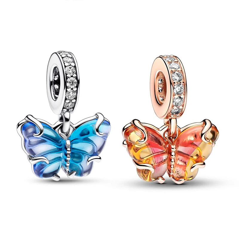 925 Silver Butterfly Dangle Charm – Blue & Yellow Glass for 3mm Original Bracelet, DIY Jewelry Gift