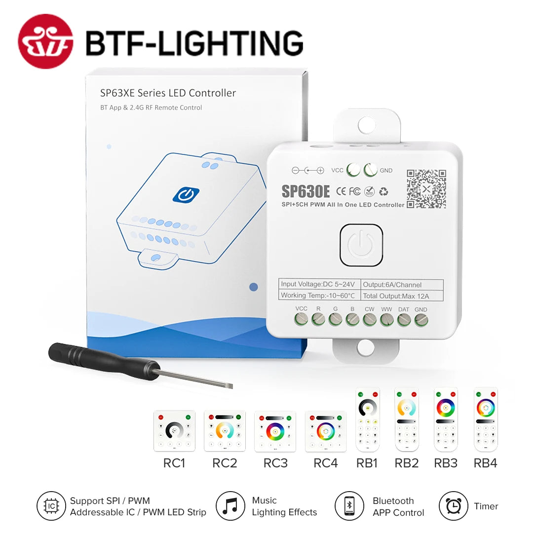 SP630E All-in-One LED Controller 5CH PWM SPI, RGB/RGBW/CCT Music Sync Bluetooth, Compatible with WS2812B WS2811 SK6812 FCOB 5050 5V–24V LED Strip