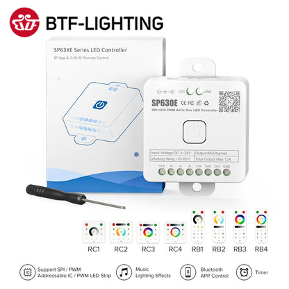 SP630E All-in-One LED Controller 5CH PWM SPI, RGB/RGBW/CCT Music Sync Bluetooth, Compatible with WS2812B WS2811 SK6812 FCOB 5050 5V–24V LED Strip