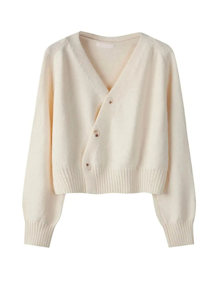 Korean Women's Autumn Winter Knitted Cardigan – Diagonal V-Neck Long Sleeve Single-Breasted Sweater