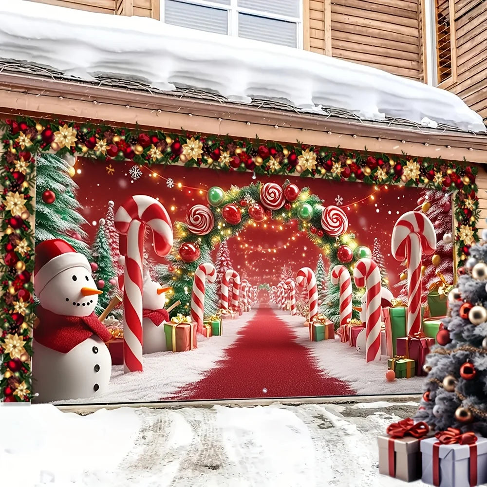 Charming Farmhouse Christmas Garage Door Banner – Snowman, Candy Cane & Tree Design, No Power Needed