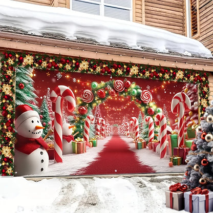 Charming Farmhouse Christmas Garage Door Banner – Snowman, Candy Cane & Tree Design, No Power Needed