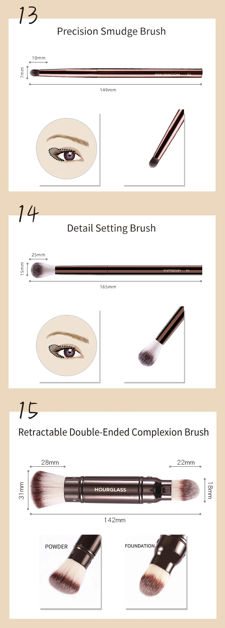 Hourglass Retractable Makeup Brush Set – Professional Eyeshadow, Foundation, Concealer, Powder, Bronzer, Blusher & Eyeliner Brushes