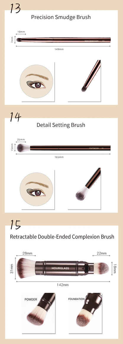 Hourglass Retractable Makeup Brush Set – Professional Eyeshadow, Foundation, Concealer, Powder, Bronzer, Blusher & Eyeliner Brushes