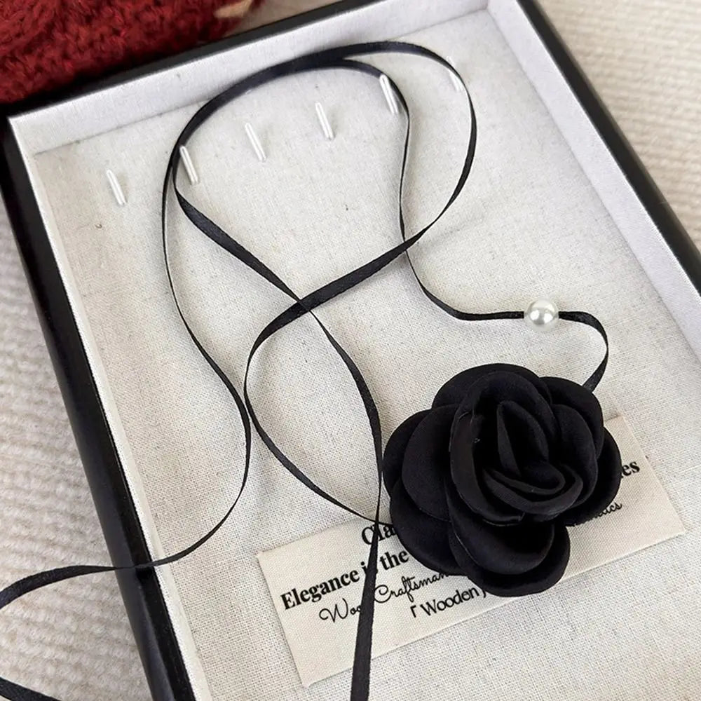 Romantic Rose Flower Necklace - New Adjustable Cloth Clavicle Chain, Fashion Retro Pearl Strap for Women