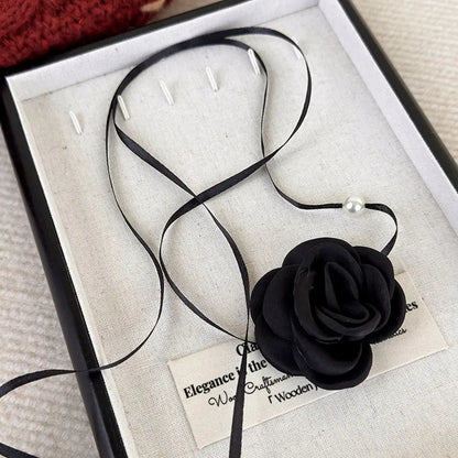 Romantic Rose Flower Necklace - New Adjustable Cloth Clavicle Chain, Fashion Retro Pearl Strap for Women
