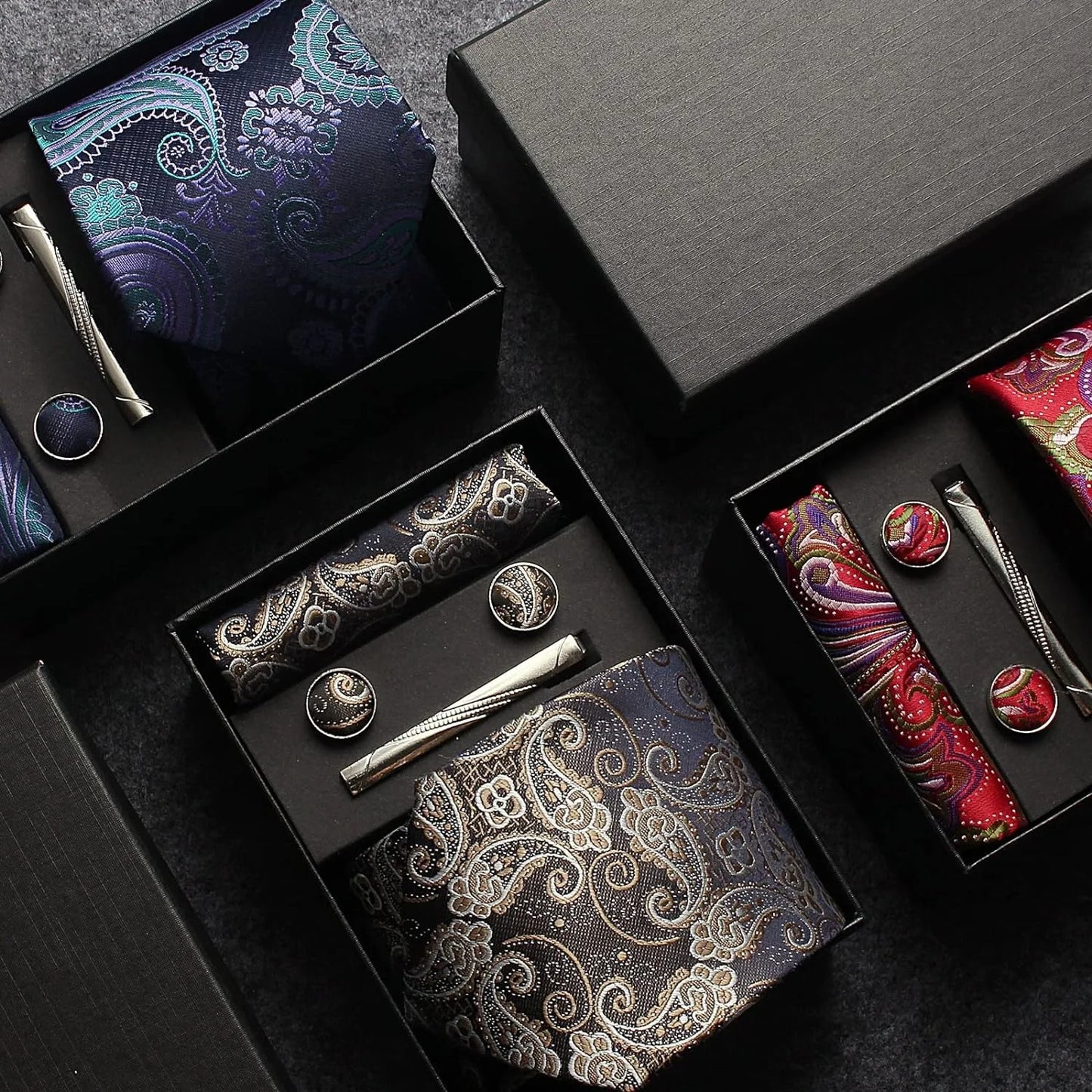 100% Silk Men’s Necktie Set with Paisley Floral Design, Business Tie with Pocket Square, Tie Clip & Cufflinks Gift Box Set for Men